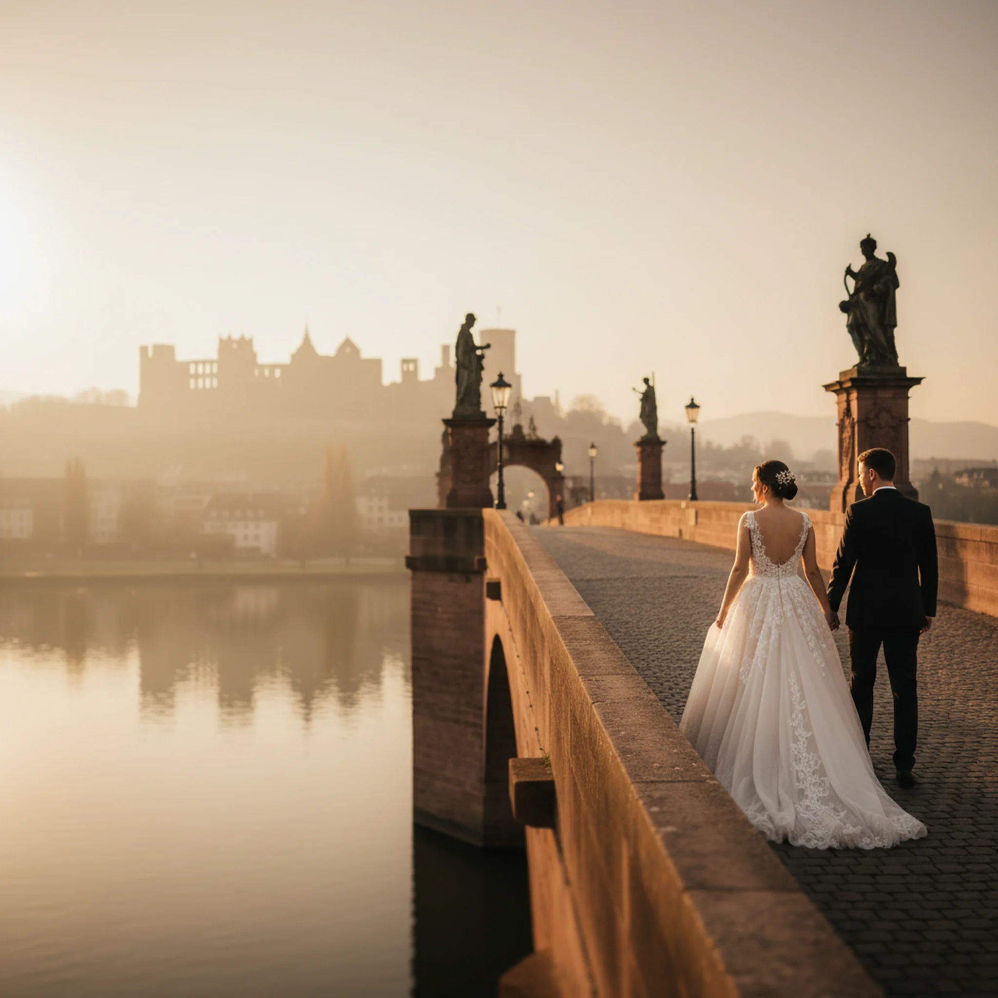 Hochzeitspaar am Heidelberger Schloss in goldenem Abendlicht